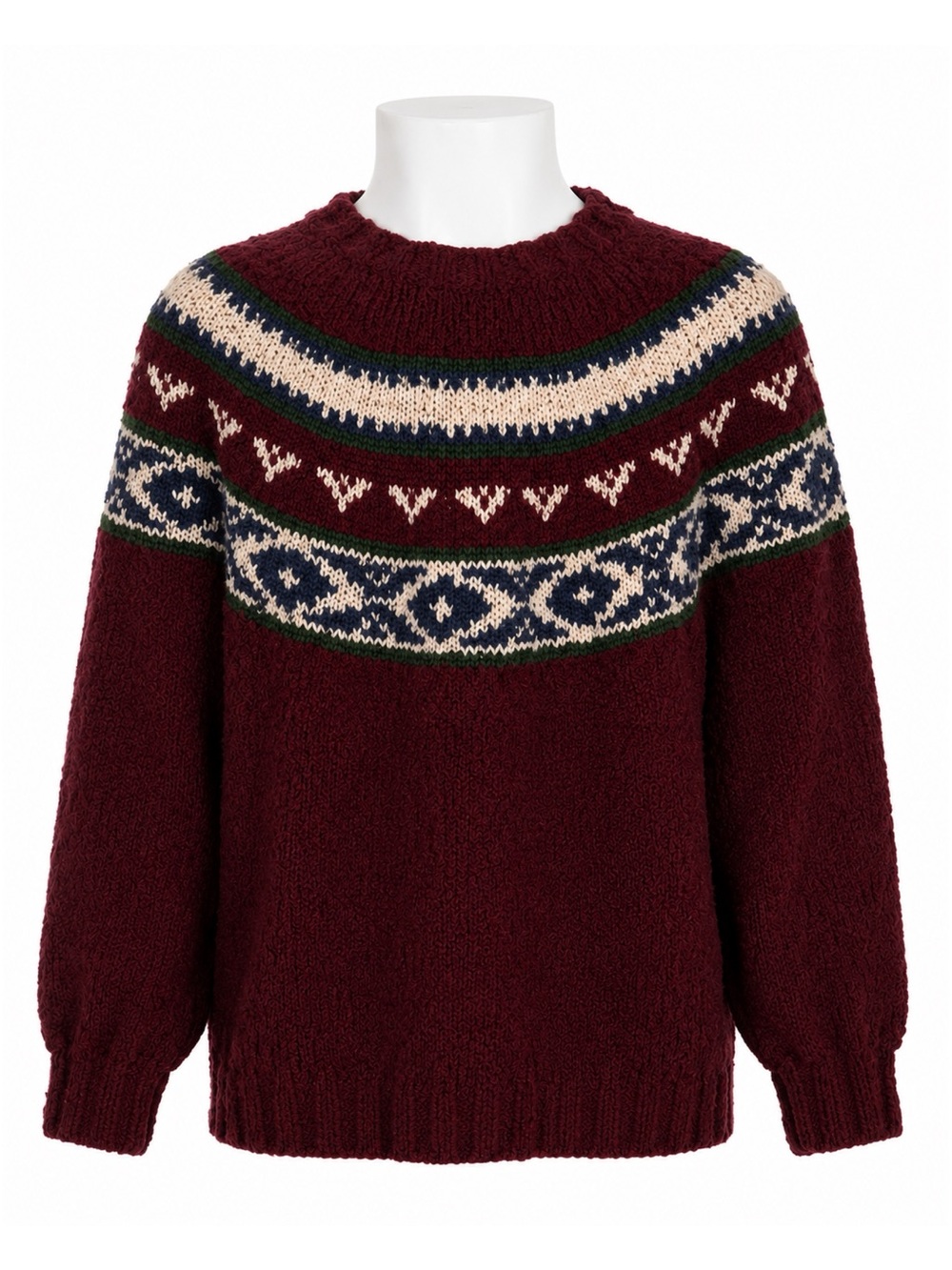 Size L Handmade Vintage Fair Isle Nordic Knit Sweater Men’s Burgundy